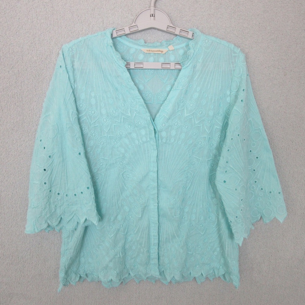Soft Surroundings Embroidered Eyelet Top XS 3/4‎ Sleeve Aqua Blue Blouse